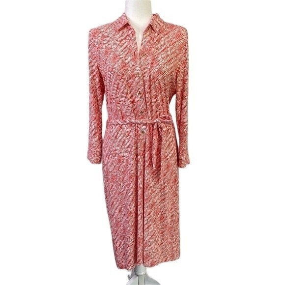 Talbots Leopard Tie-Waist Button Front Midi Shirt Dress 3/4 Sleeve Viscose Coral - Picture 3 of 16